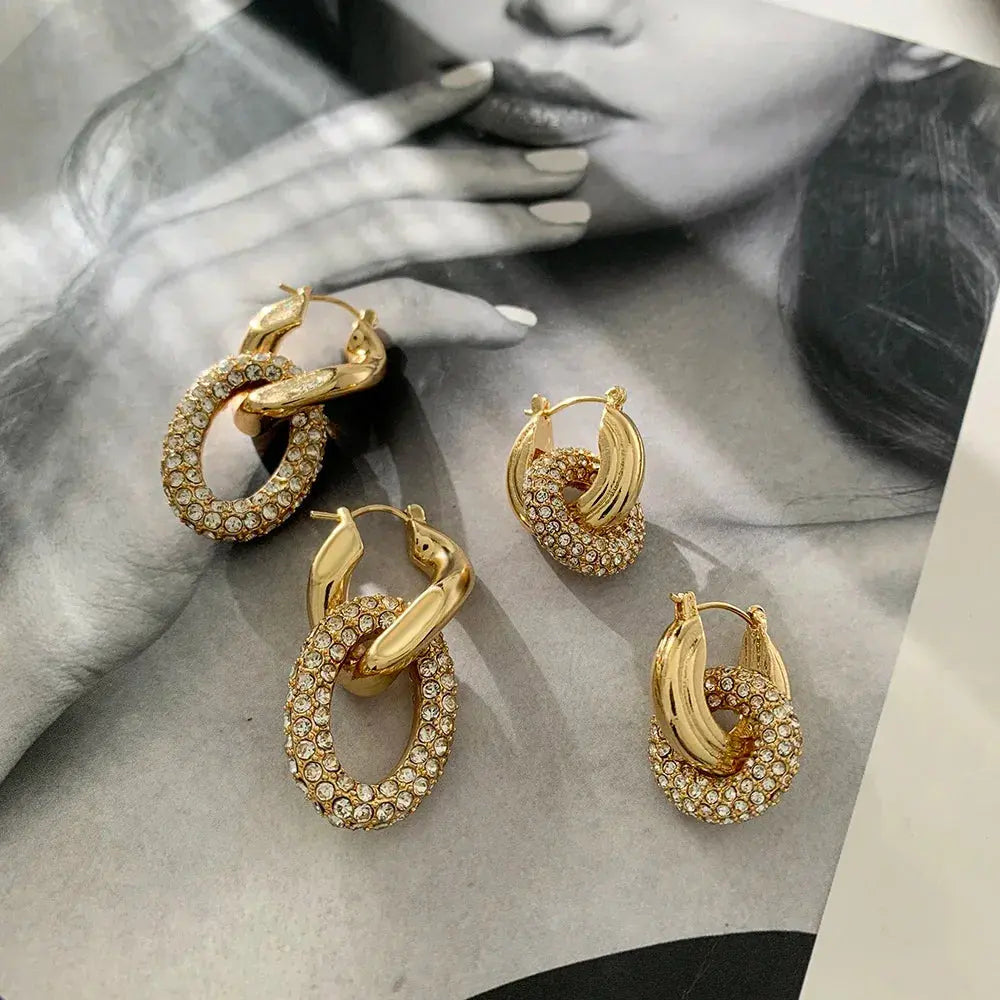 Punk Circle Pendant Shiny Rhinestone Stainless Steel Drop Earrings Bilayer Oval round Rust Proof Party Zircon Huggie Jewelry New