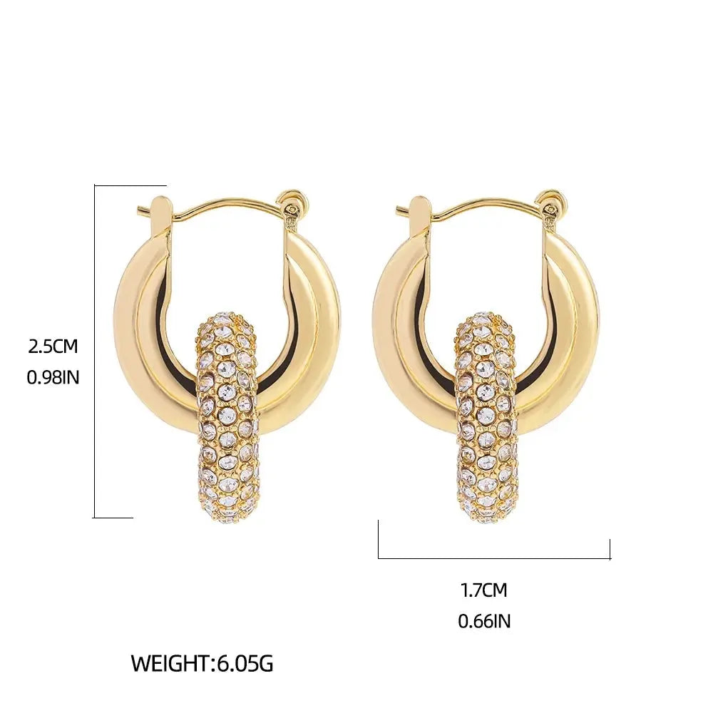 Punk Circle Pendant Shiny Rhinestone Stainless Steel Drop Earrings Bilayer Oval round Rust Proof Party Zircon Huggie Jewelry New