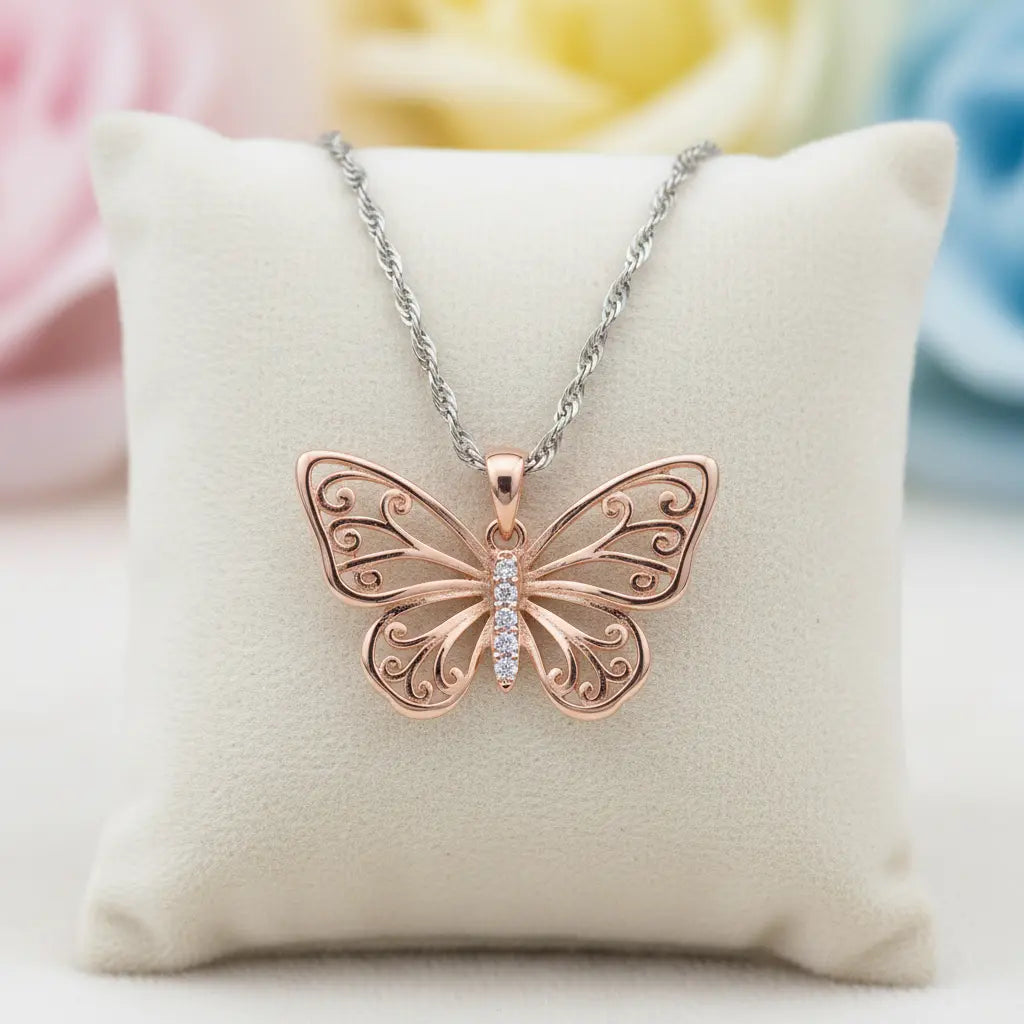 Gros plan du pendentif papillon plaqué or rose avec détails des ailes